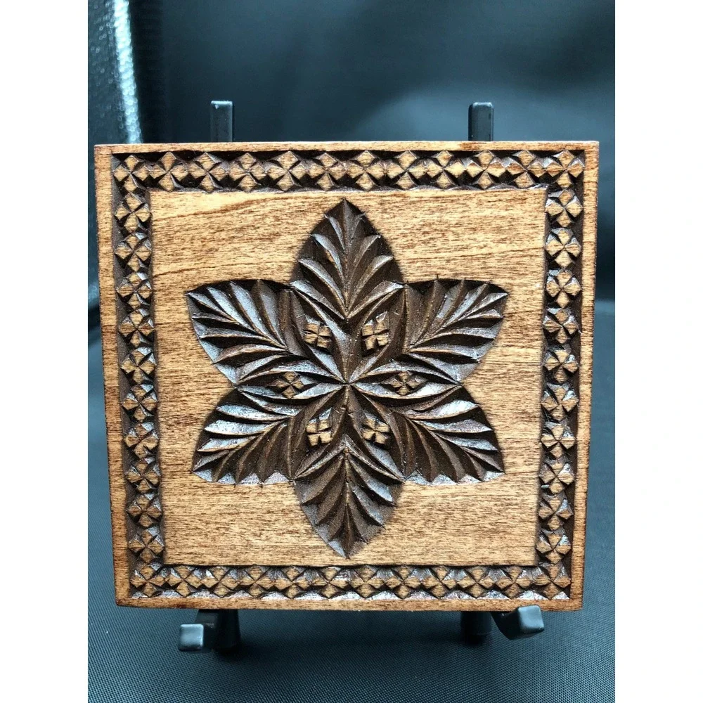 Hand Carved Artisan Wood Wall Plaque Floral Leaf Motif Square Folk Art Decor 4x4